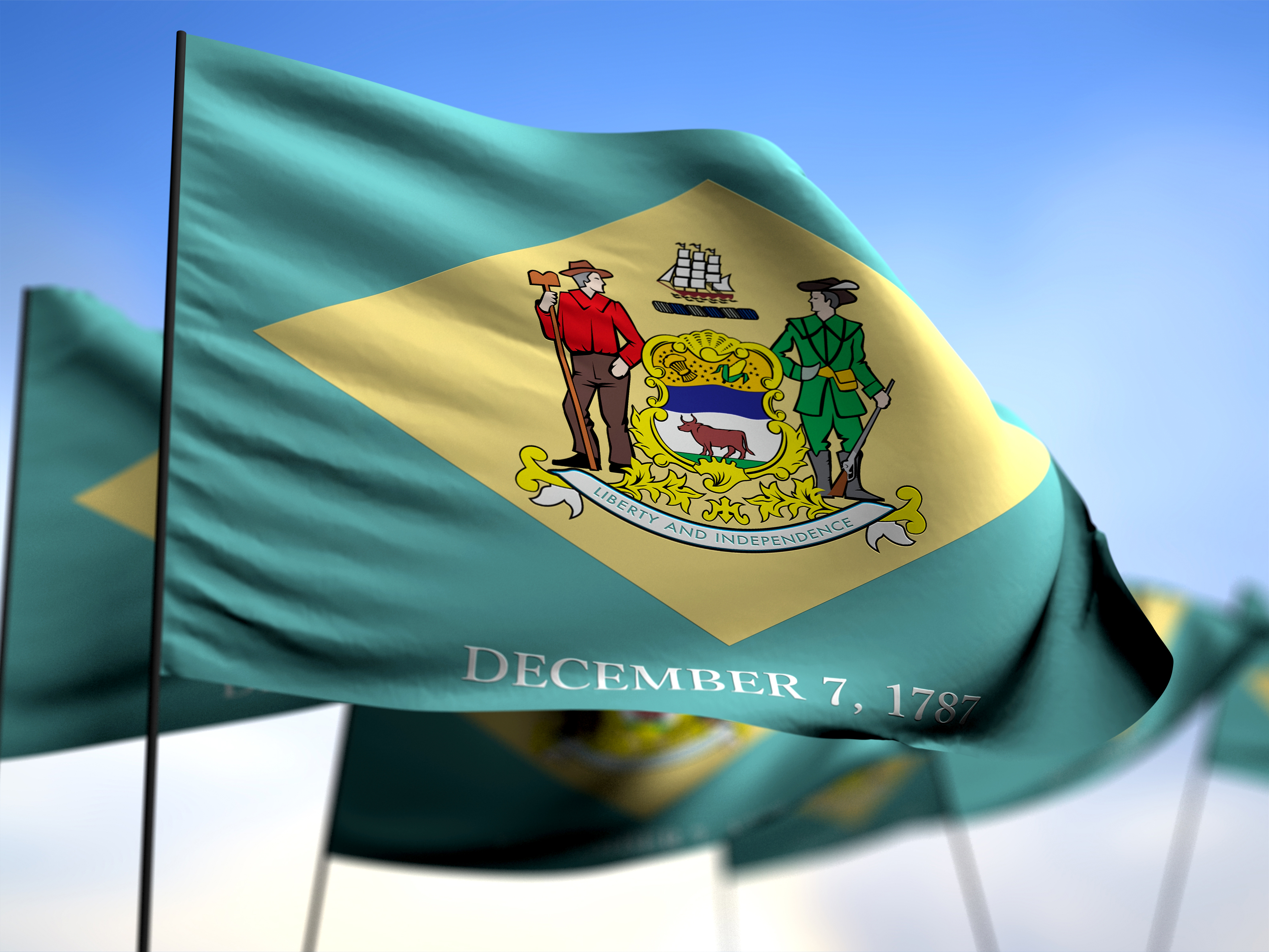 flags of Delaware on blue sky background 3D